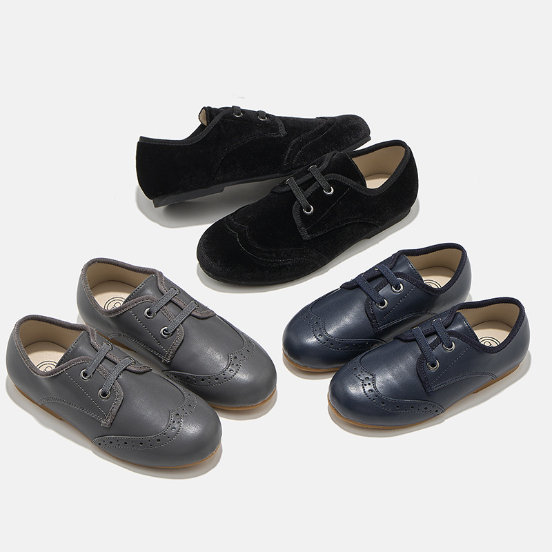 AP8-003 sapatos sociais para crianças couro cinza preto veludo cadarços decorativos design clássico sapatos novo inverno
