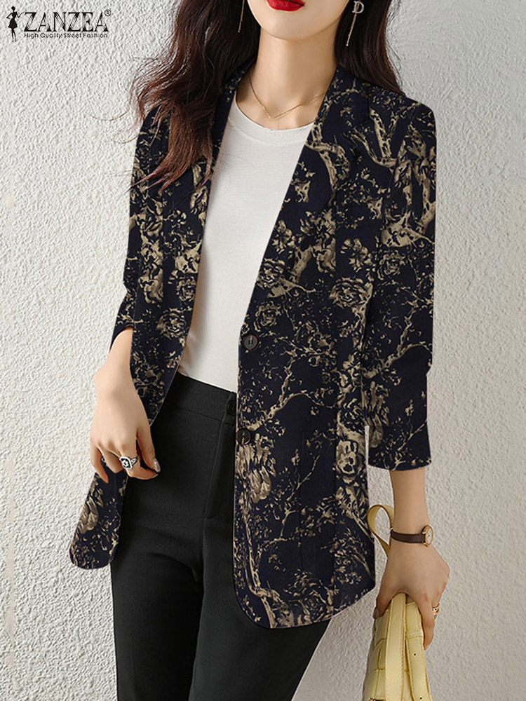 ZANZEA-Chaqueta de otoño con estampado Retro para mujer, abrigos informales de manga larga con flores, chaquetas con solapa de un solo botón de gran tamaño