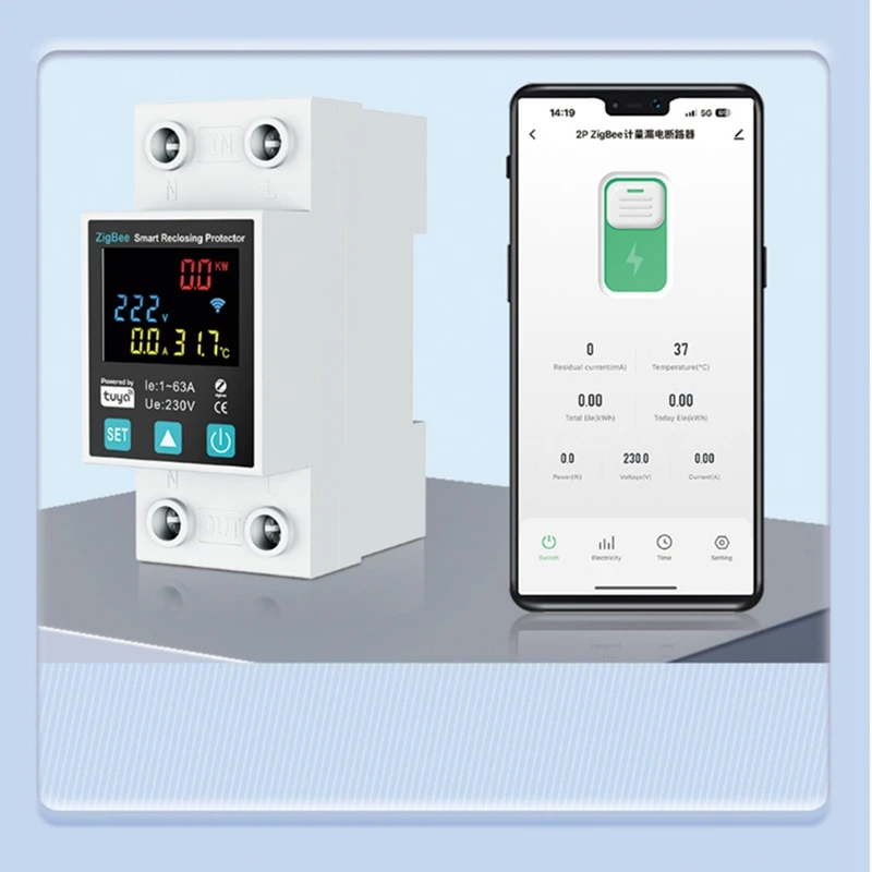 Zigbee TUYA Smart Leven 2P/63A Stroomonderbreker Aardlek Over Onderspanning Bescherming Protector Relais Energiemeter