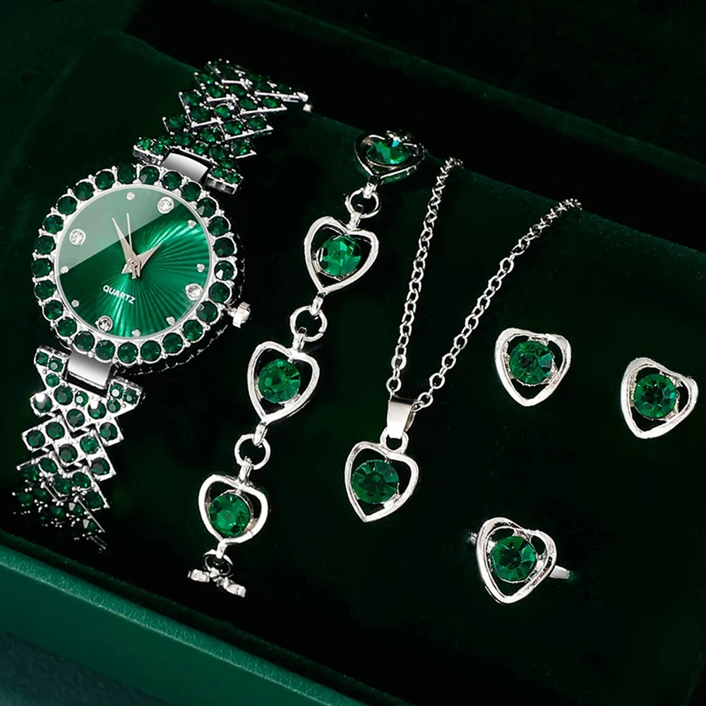 ผู้หญิงแฟชั่นนาฬิกาหัวใจ Rhinestone แหวนสร้อยคอต่างหูชุดเครื่องประดับหรูหรานาฬิกาข้อมือควอตซ์ Elegant นาฬิกา Gif
