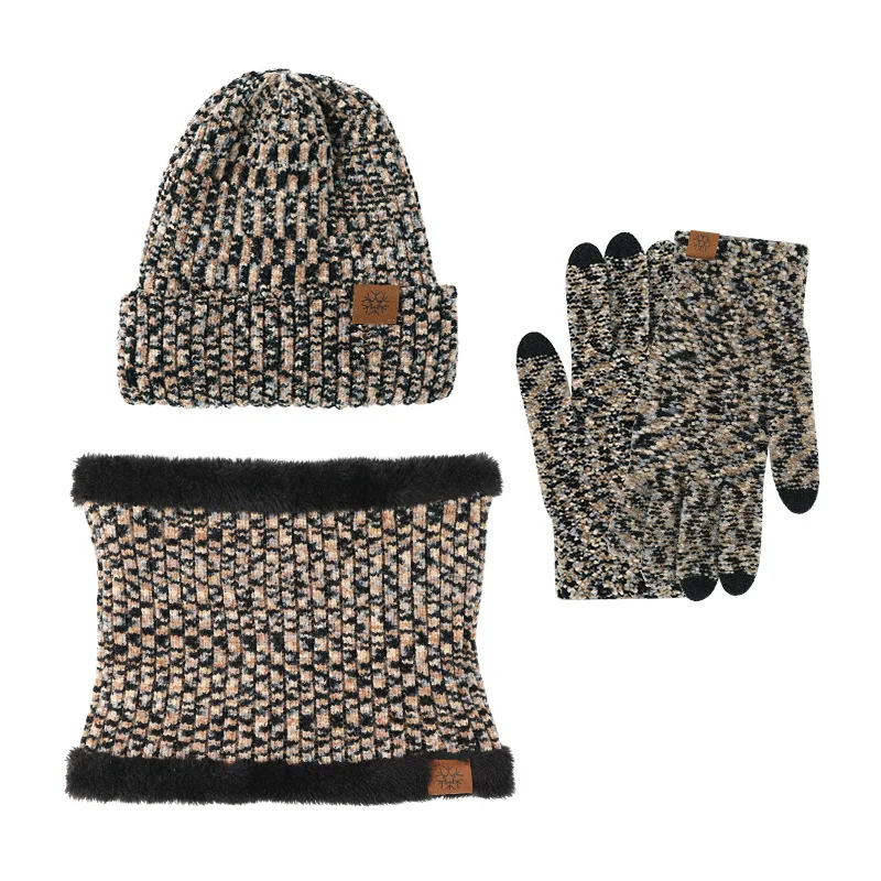 Winter Atmospheric Simple Men's and Women's Multi-color Knitted Hats, Scarves, Gloves, Three Piece Set, Warm and Windproof