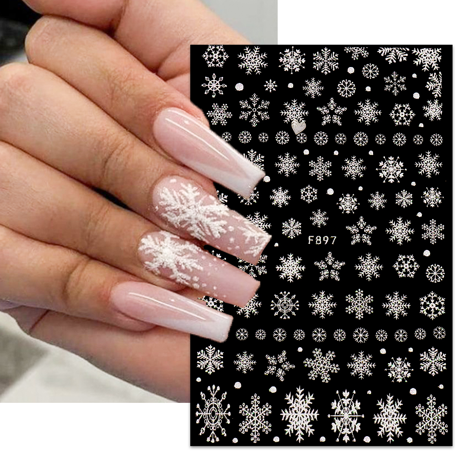 Copos de nieve, pegatinas para decoración de uñas con purpurina, escamas blancas, alces, calcomanías brillantes adhesivas, dijes navideños de Año Nuevo, decoración artística de uñas BEF894