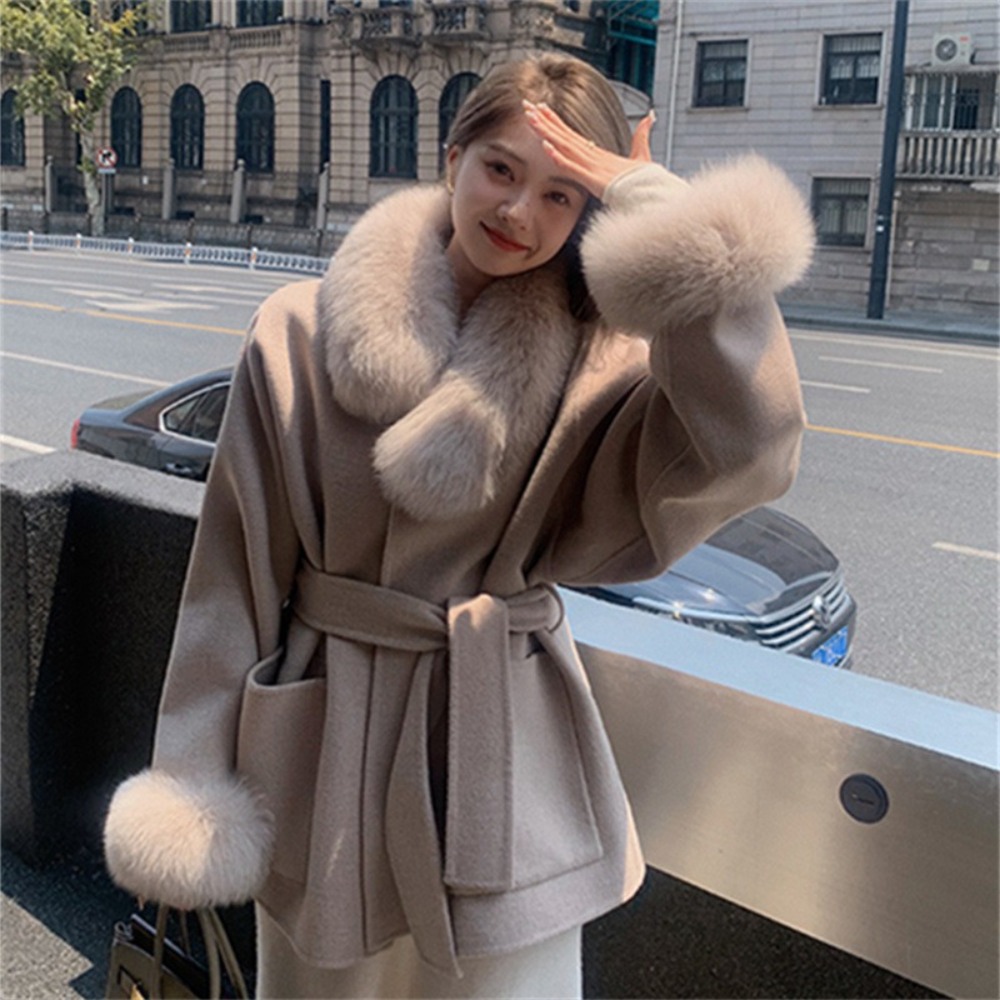2024 moda coreana casaco de lã com cinto feminino inverno sólido gola de pele de raposa grosso quente longo senhoras rendas até casaco de lã outwear