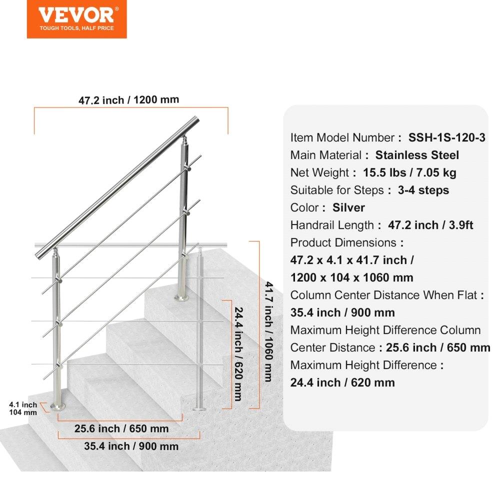 Geländer Stainless Steel Treppengeländer Handlauf 3 Querstäbe 1200x104x1060mm