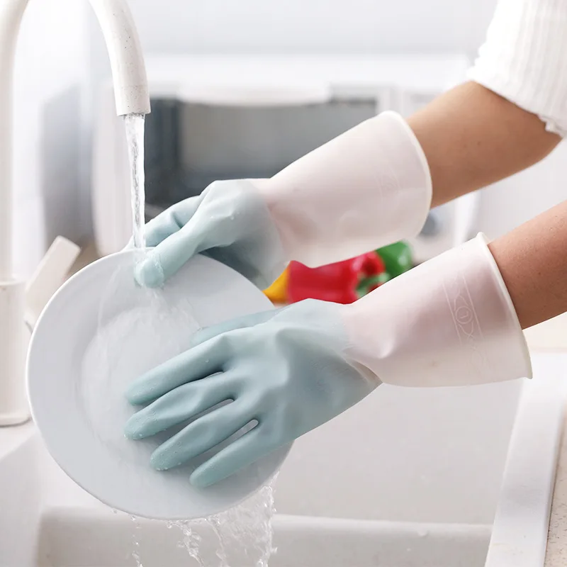 Guantes para lavar platos para el hogar, ropa para lavarse, guantes de goma impermeables, cuenco fino para cepillos para el hogar, guantes de látex # 2723