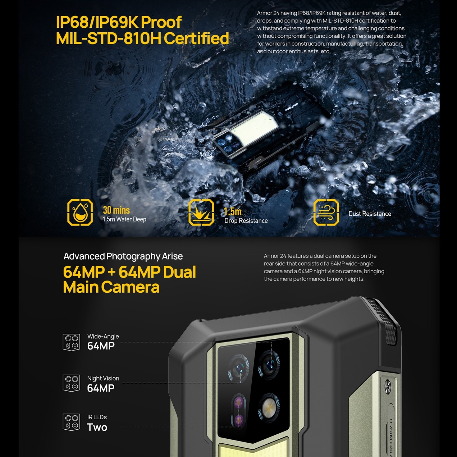 Ulefone Armor 24 Rugged Phone 22000mAh Up to 24GB+ 256GB 6.78"120Hz Smartphone 64MP+64MP NFC Phone LED Light Global Version