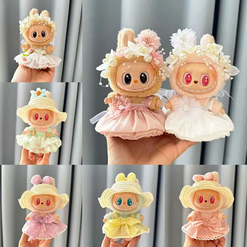 Luxuriöses Plüsch-Hochzeitskleid, Puppenkleidung für Labubu I II, koreanischer Stil, flauschiges romantisches Hochzeitskleid, Blumenhut, Anzug für Ladbubu