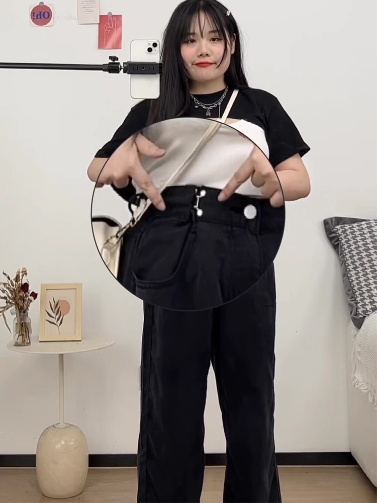 블랙 와이드 레그 데님 청바지 여성 가을 통통한 소녀 Mm 하이 웨이스트 스트레이트 레그 루즈핏 슬리밍 드래그 트레일 바지