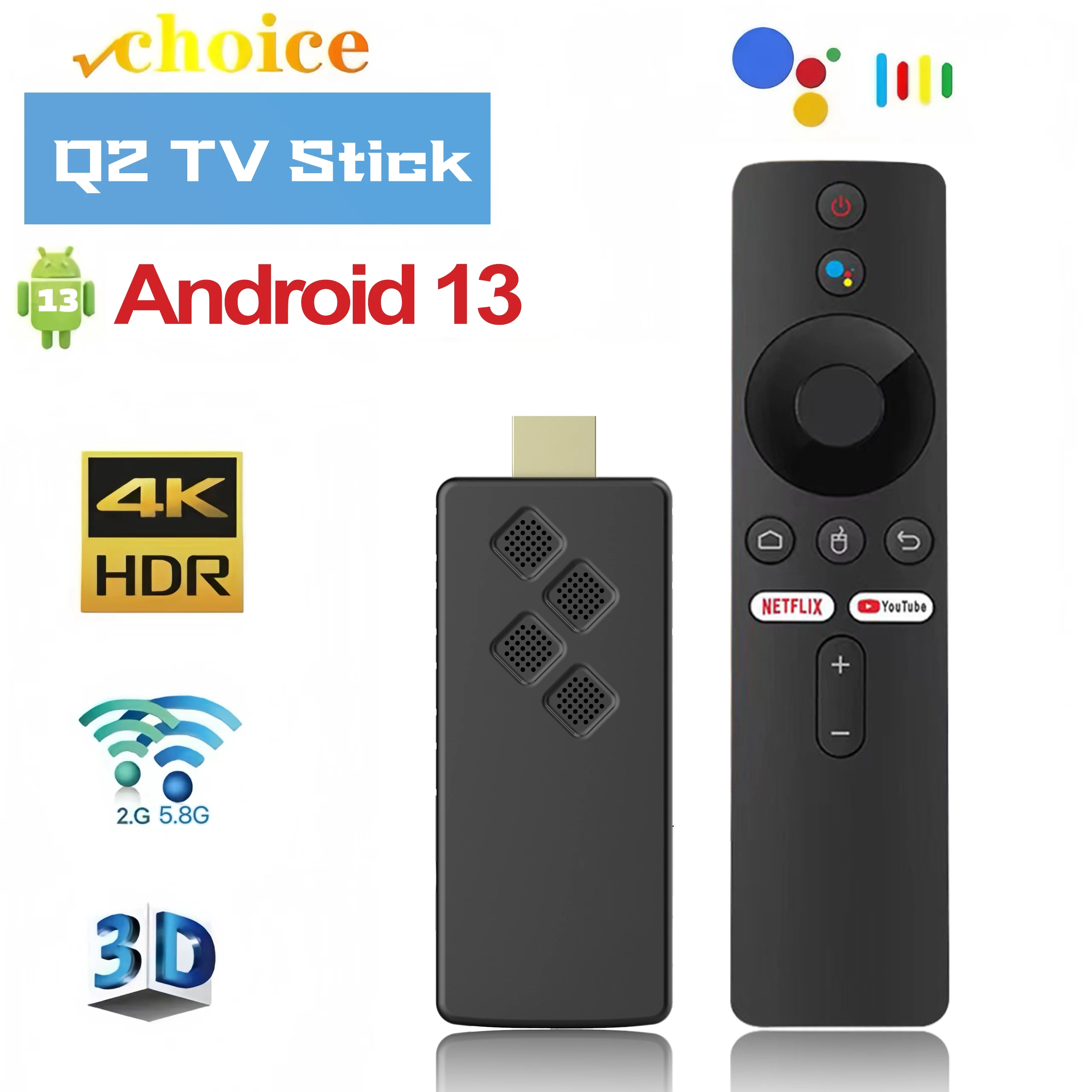 Q2 Smart TV Stick Android13 Allwinner H313 Voice Remote 2GB 16GB 8GB Quad Core Doual WIFI 2.4G&5.8G 4K 1080P 3D Google Assistant