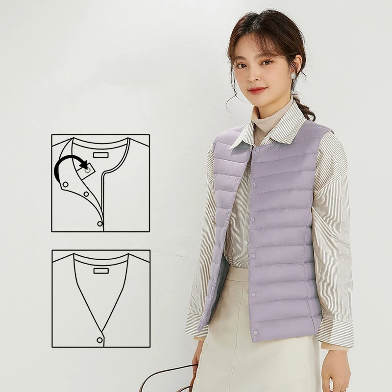 Ärmellose Pufferweste für Damen, ultraleichte Daunenweste für Damen, Damen-Weste mit zwei Möglichkeiten, tragbar, warm, ärmellos, Winterfutter