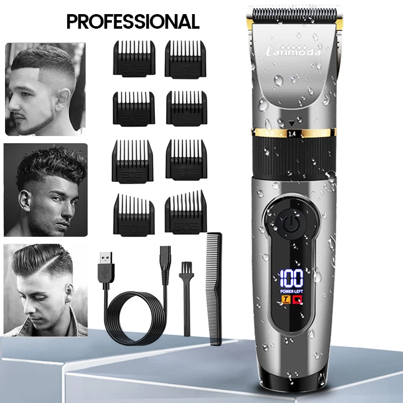 Cortadora de pelo profesional, recortadora eléctrica recargable para hombres, Barba, niños, máquina cortadora de peluquero, corte de pelo, pantalla LED resistente al agua