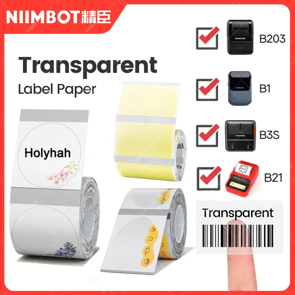 Niimbot-papel de impresión de etiquetas B21/B203/B3S/B1, adhesivo transparente con nombre, impermeable, autoadhesivo de dibujos animados