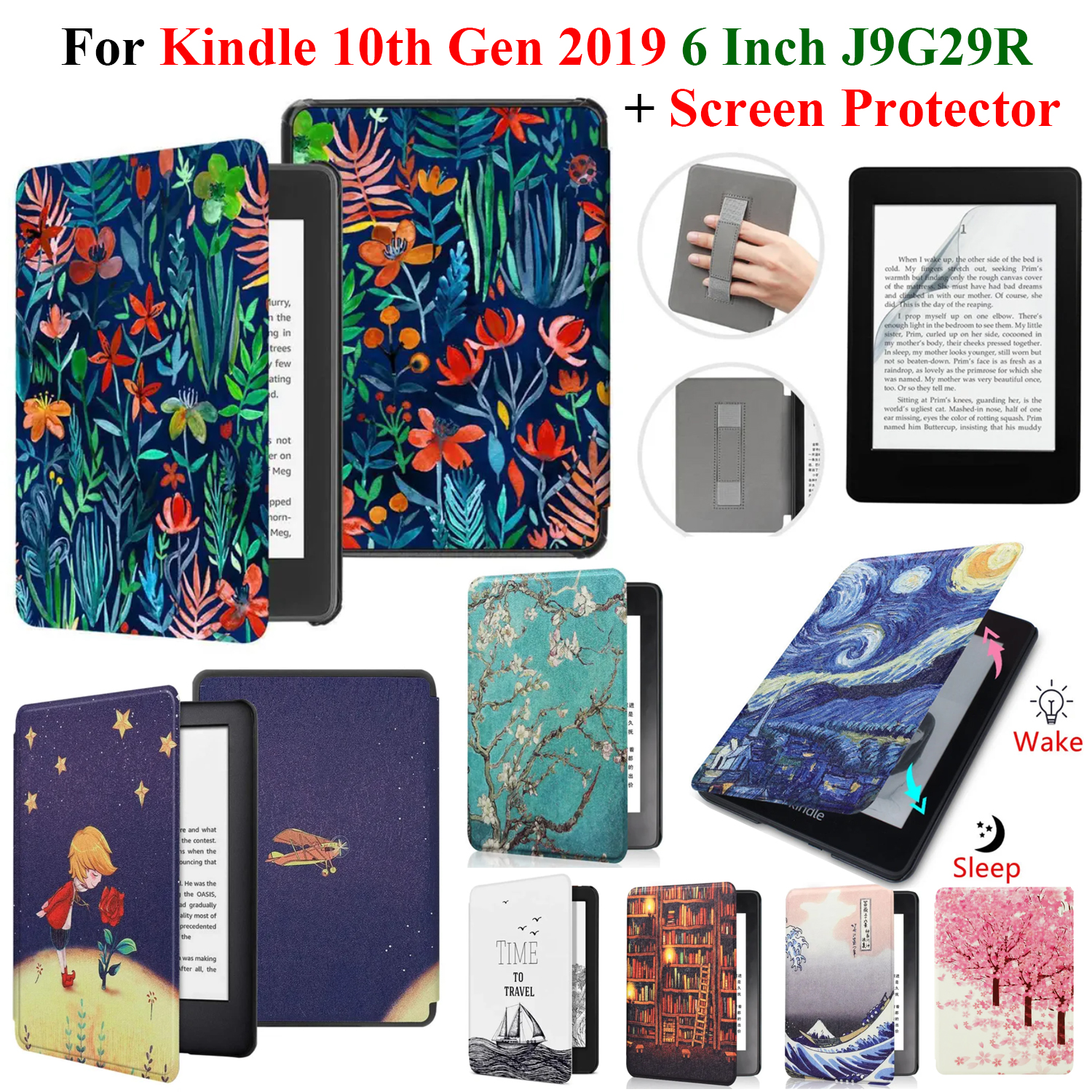 Для Kindle 10-го поколения Чехол + Защитная пленка для экрана 6 дюймов с ручным ремешком для электронной книги 2019 J9G29R Кожаная обложка Wake Sleep Funda