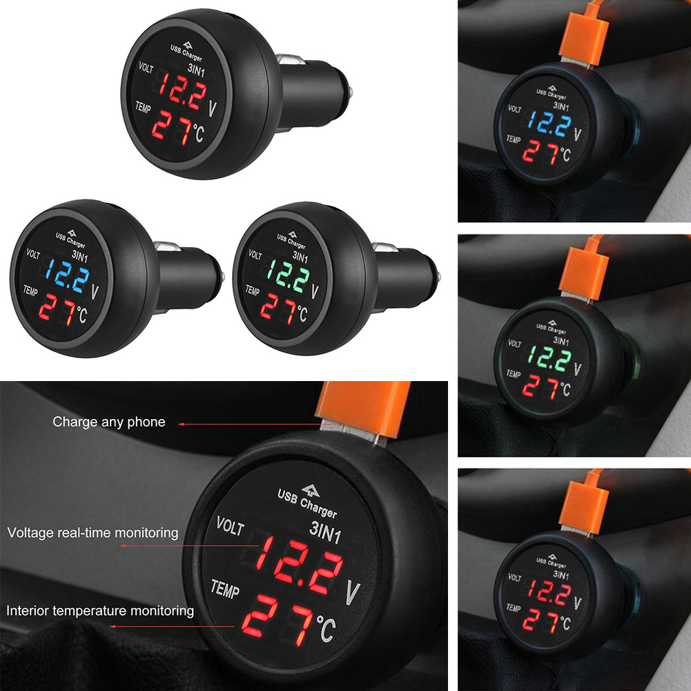 Carro Digital LED Display Voltímetro, Auto Medidor, Termômetro, Carregador USB, Monitor Display, Telefone, Tablet, GPS, Carregamento, 3 em 1, 12 V, 24V