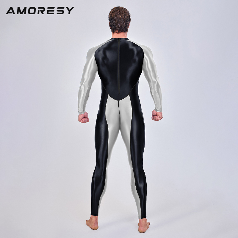 AMORESY 男性滑らかな光沢のあるサイクリングタイツレオタードワンピースジャンプスーツフィットネスロンパースランニングスポーツジャージ全体的なキャットスーツ