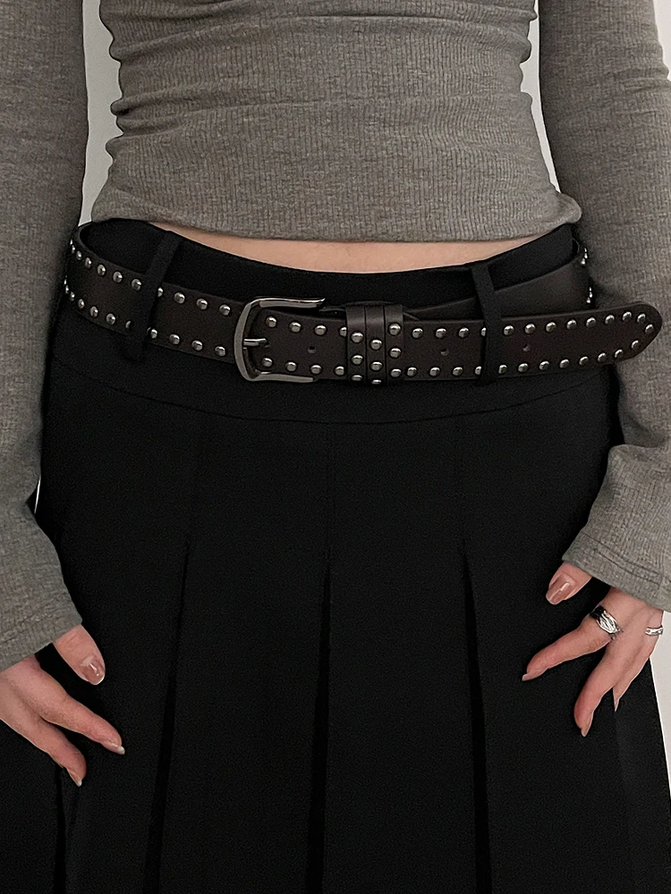 2026 New Women Belt Women's Jeans Tie-in Ladies' Belt Fashion Personality Rivet Belt Senior Black Fashion