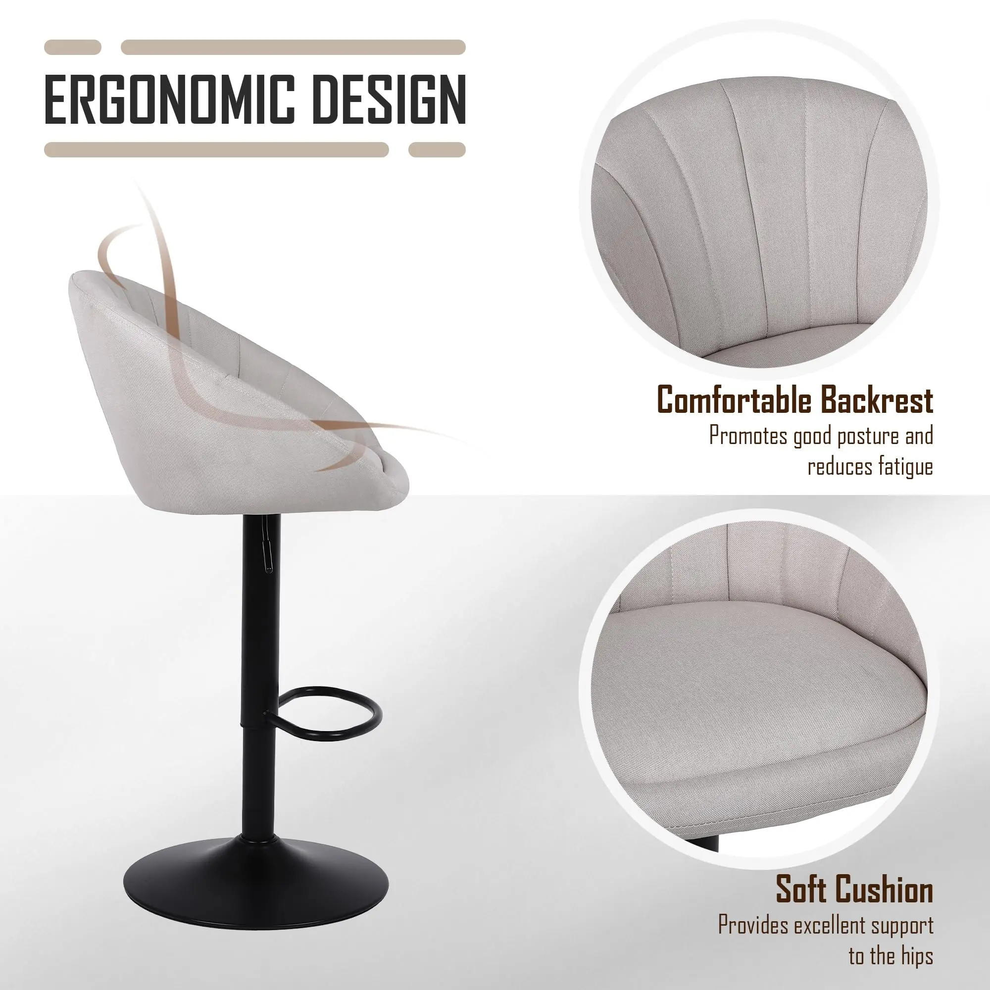 Ralex-chair Sgabelli da bar Set di 3, Sgabello da bar girevole regolabile in altezza, Sgabelli da bar per colazione in lino, Sgabelli da cucina con schienale, Beige