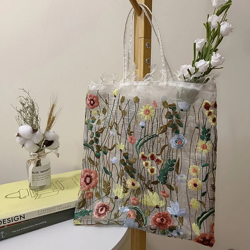 ปักลูกไม้ดอกไม้ไหล่กระเป๋าผู้หญิง Handmade ตาข่ายช้อปปิ้งกระเป๋า Retro Art Tote กระเป๋าชายหาดกระเป๋า Bolsa Playa