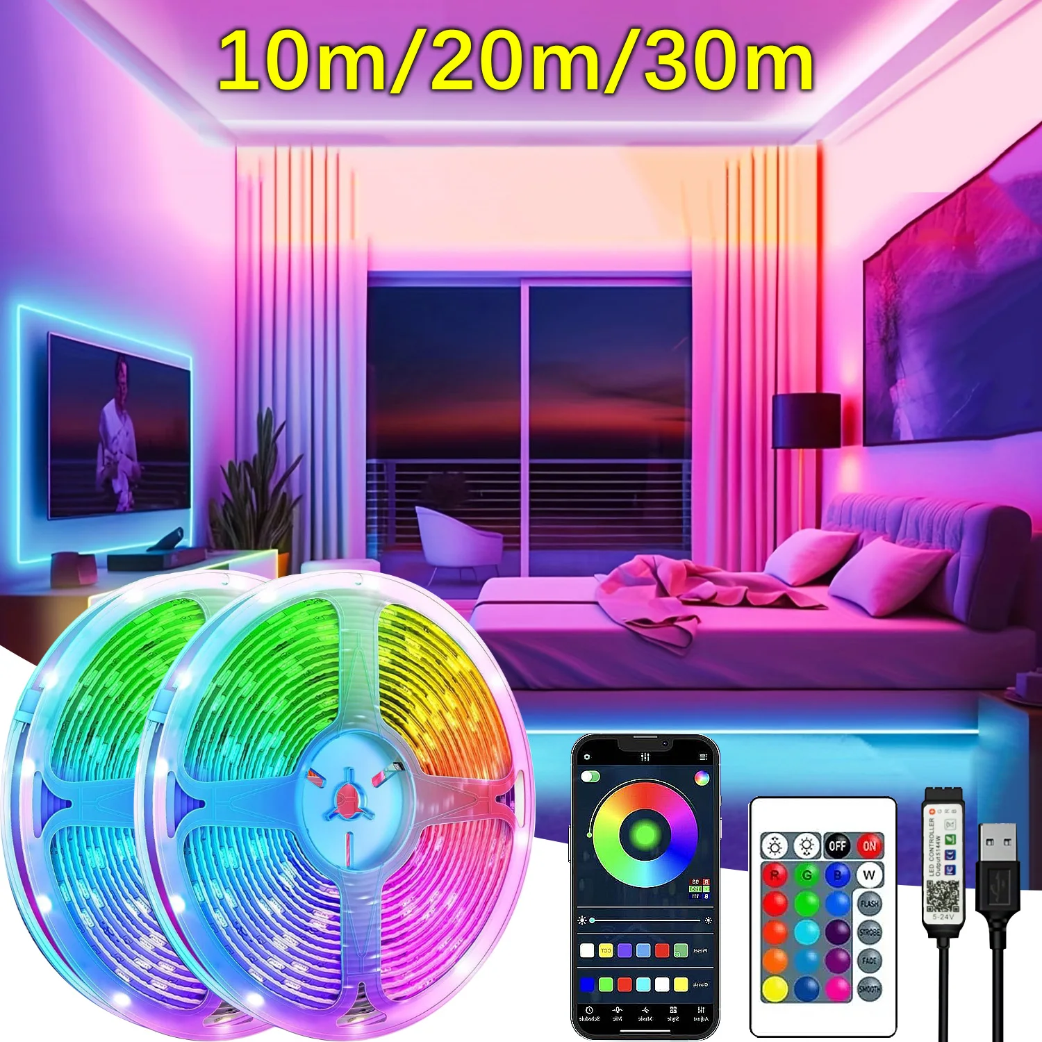 Luces Led USB de 5V para habitación, tira de luces Led RGB, 10m, 20m, 30m, cinta de diodo Flexible para decoración de habitación, dormitorio, retroiluminación de TV
