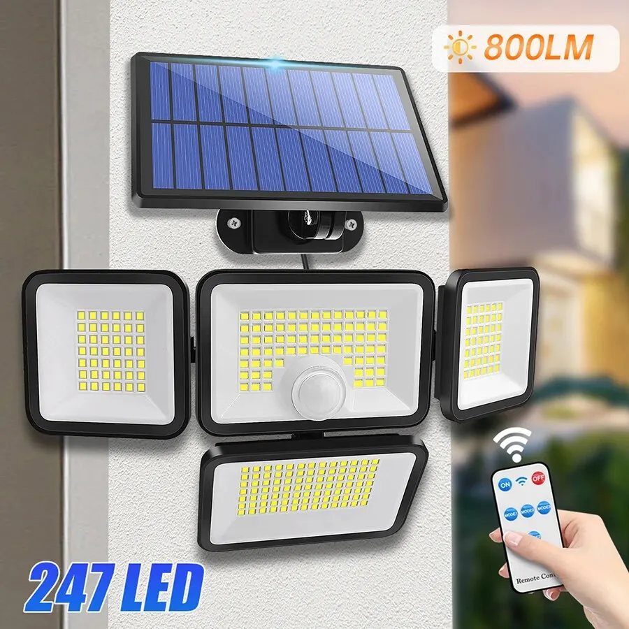 ไฟพลังงานแสงอาทิตย์สําหรับภายนอก 247 LED IP65 กันน้ํา 800lm โคมไฟติดผนังพลังงานแสงอาทิตย์พร้อมรีโมทคอนโทรล 4 หัวพลังงานแสงอาทิตย์น้ําท่วมไฟถนน