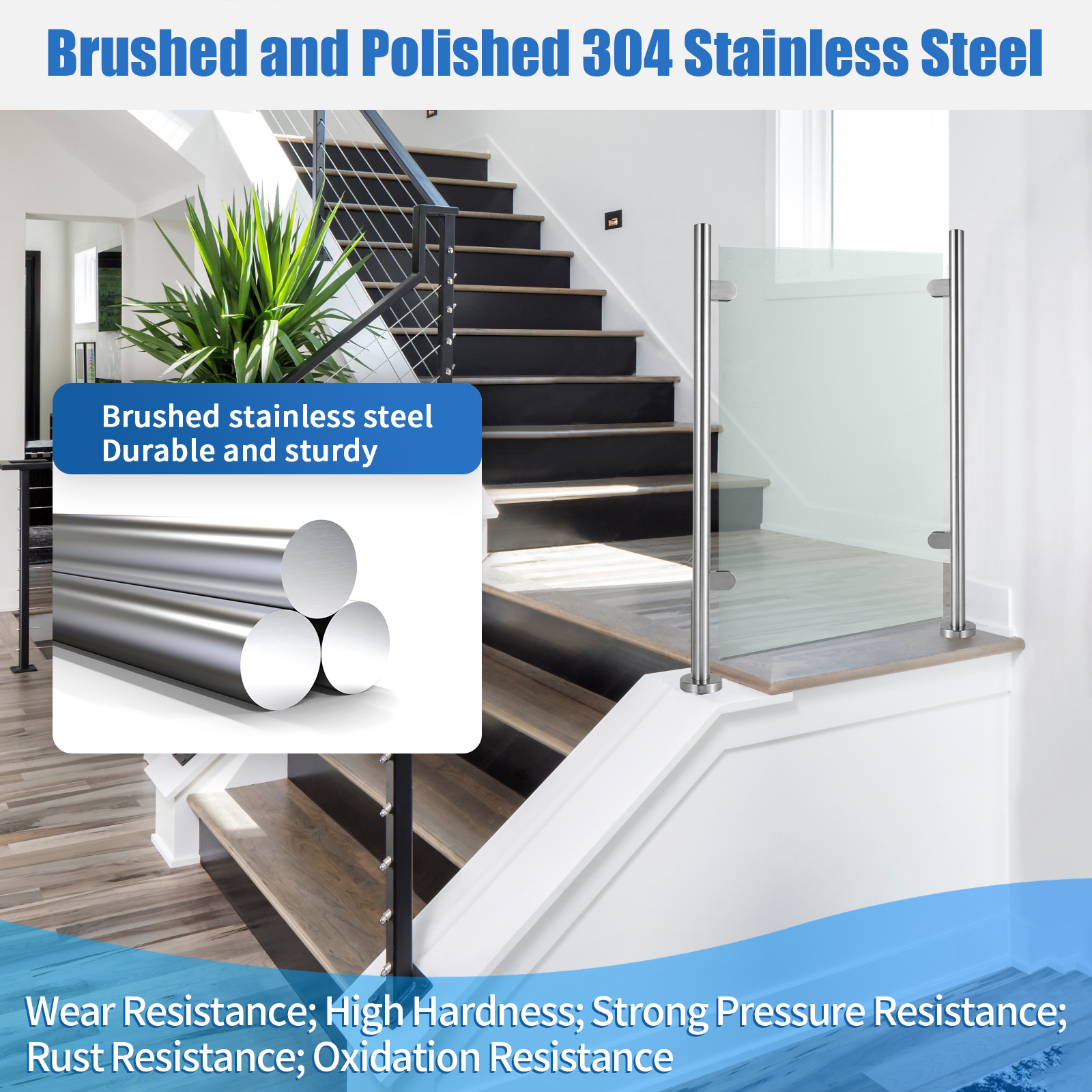 316 Stainless Steel Balustrade Handrail with Top Seat, Glass Clamp and Rubber, Stair Pole Balcony Garden Railings 110cm End Post