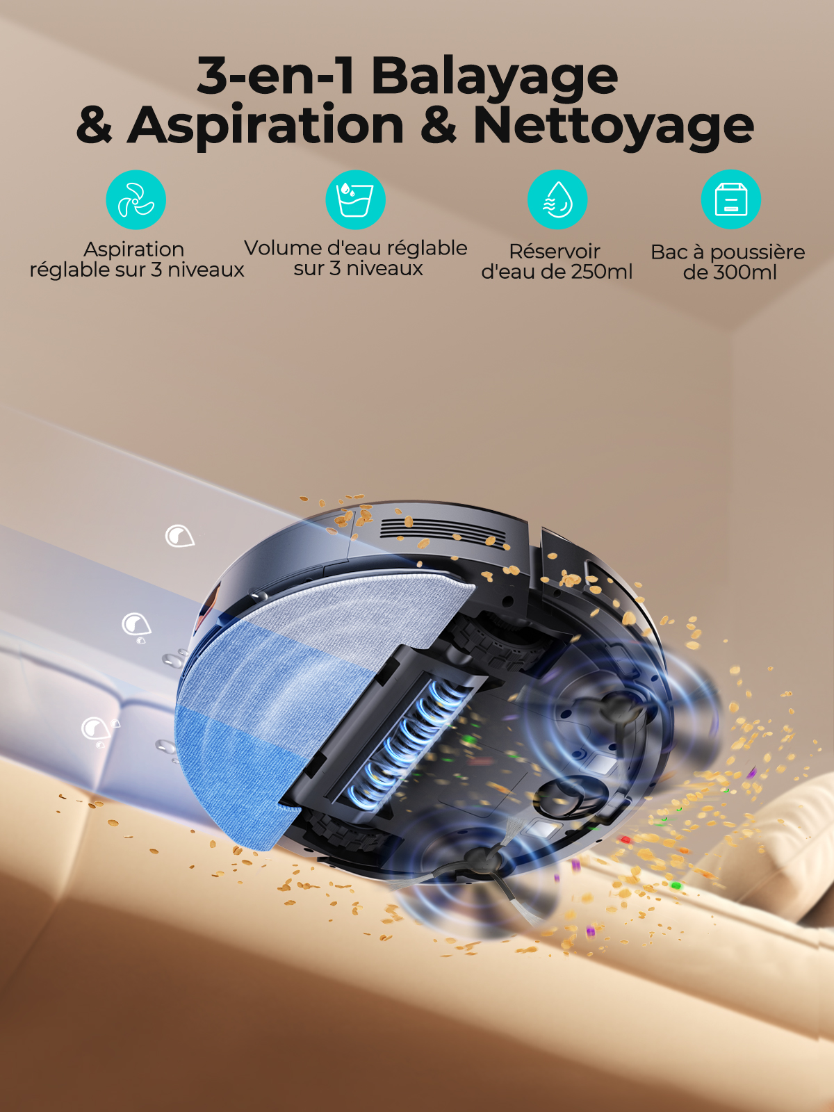 Honiture Airzeen Robot Aspirateur Laveur,Forte Puissance d'Aspiration 3000Pa,Contrôle par App/Alexa,Nettoyage Programmé, chargement automatique, Idéal pour Les Poils d'animaux/Cheveux/Poussière