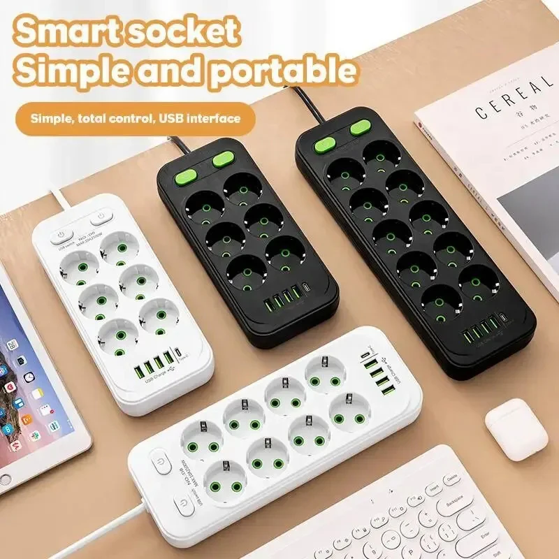 2M Electrical Socket EU Plug 6AC Outlet Multitap Power Strip Extension Cord Smart USB Home Office Surge Protector Network Filter