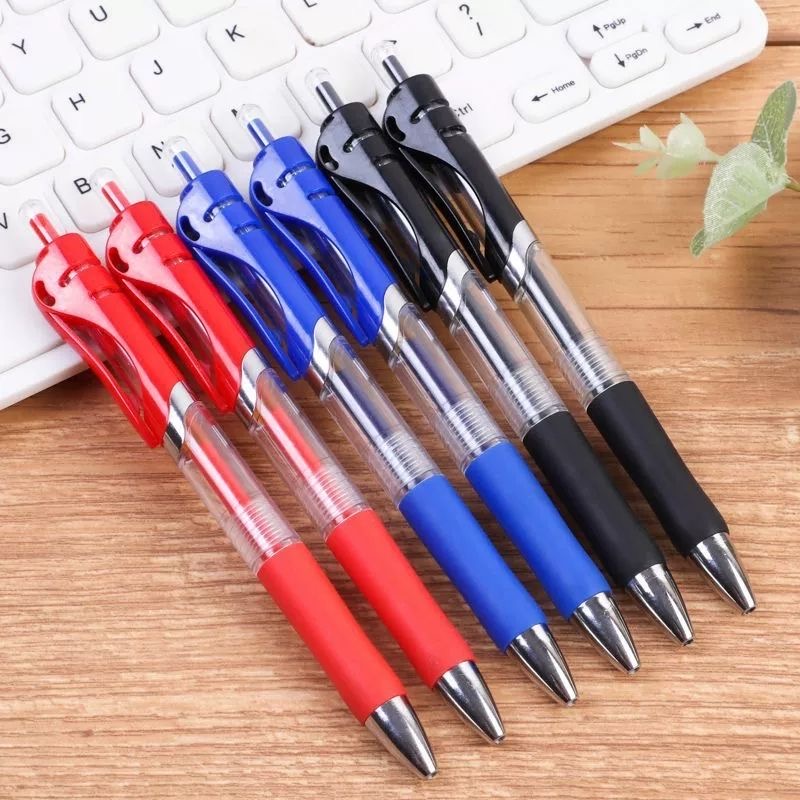 Caneta esferográfica de ação imprensa: adequada para escrita de estudantes e assinaturas comerciais, com opções de tinta preta, vermelha e azul.
