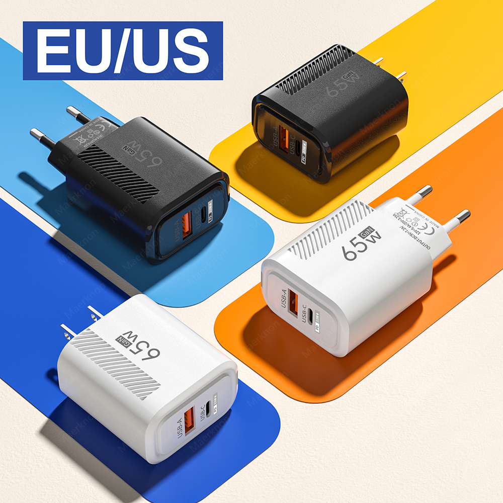 Cargador USB GaN Total de 65W, adaptador de carga de teléfono con enchufe UE/EE. UU. de carga rápida para iPhone, Xiaomi, Samsung, QC 3,0, cargador de pared PD tipo C
