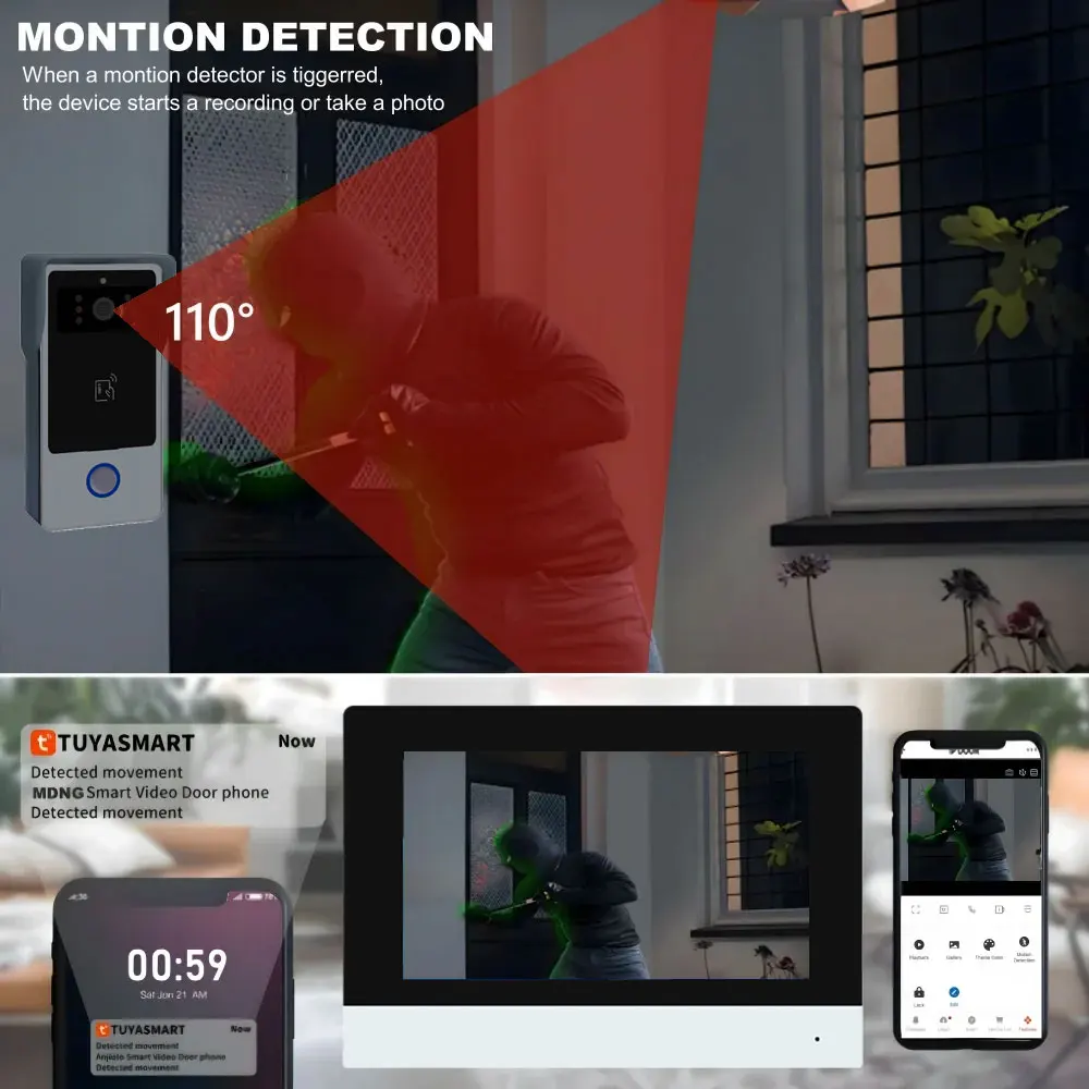 Neue Tuya Smart 2-drahtete Türklingel Wifi Video Intercom System mit APP Remote IC Karte Entsperren 1080P 7 zoll Touchscreen