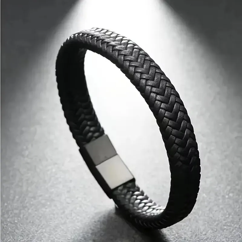 Bracciale aperto in pelle da uomo retrò, semplice corda a mano in pelle intrecciata multi-dimensione, regalo per sport all'aria aperta