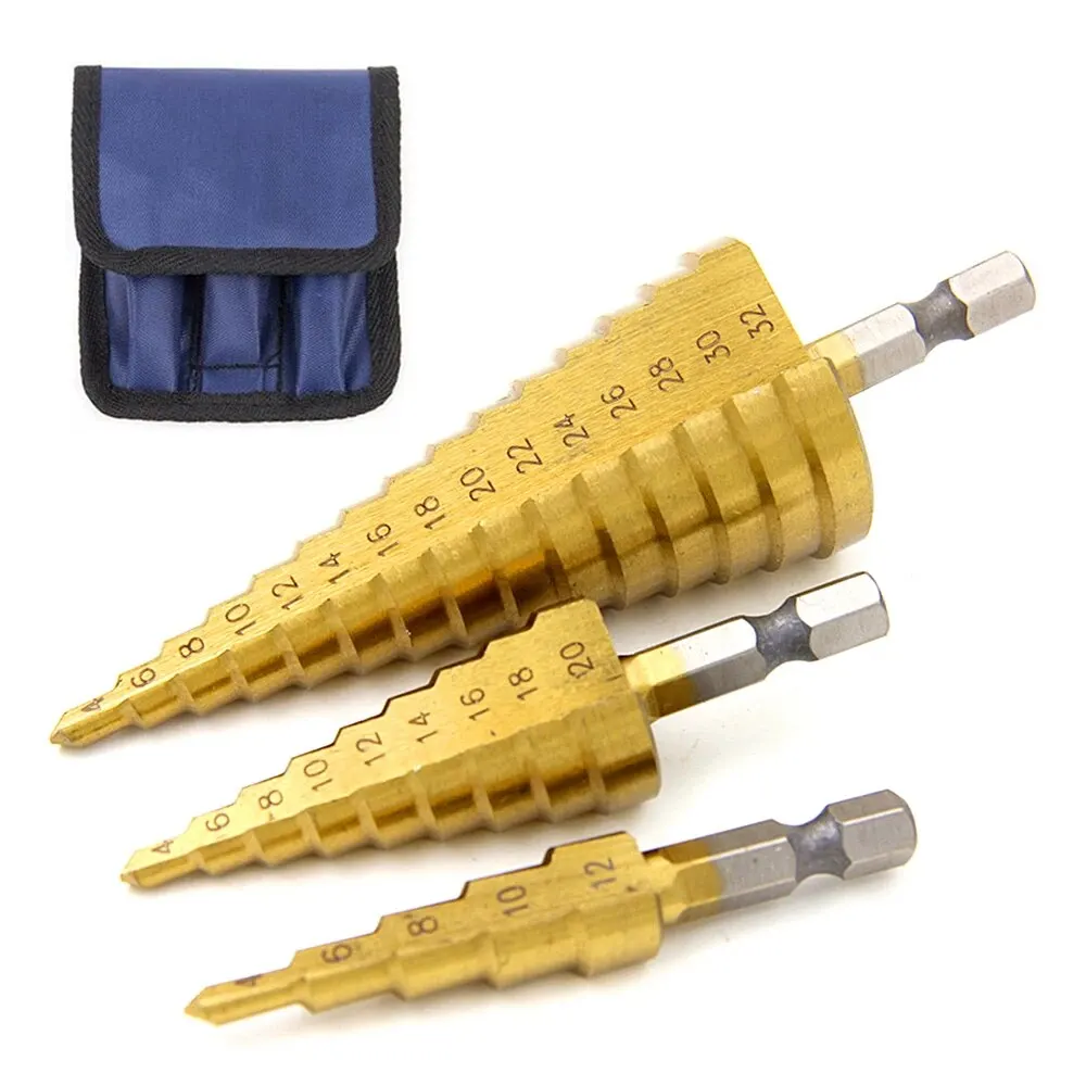 3pc Pagoda Drill Bit 4-12/4-20/4-32mm Hexagonal Straight Groove Titanium Plated Ladder Drill Electric Tool Accessory Set