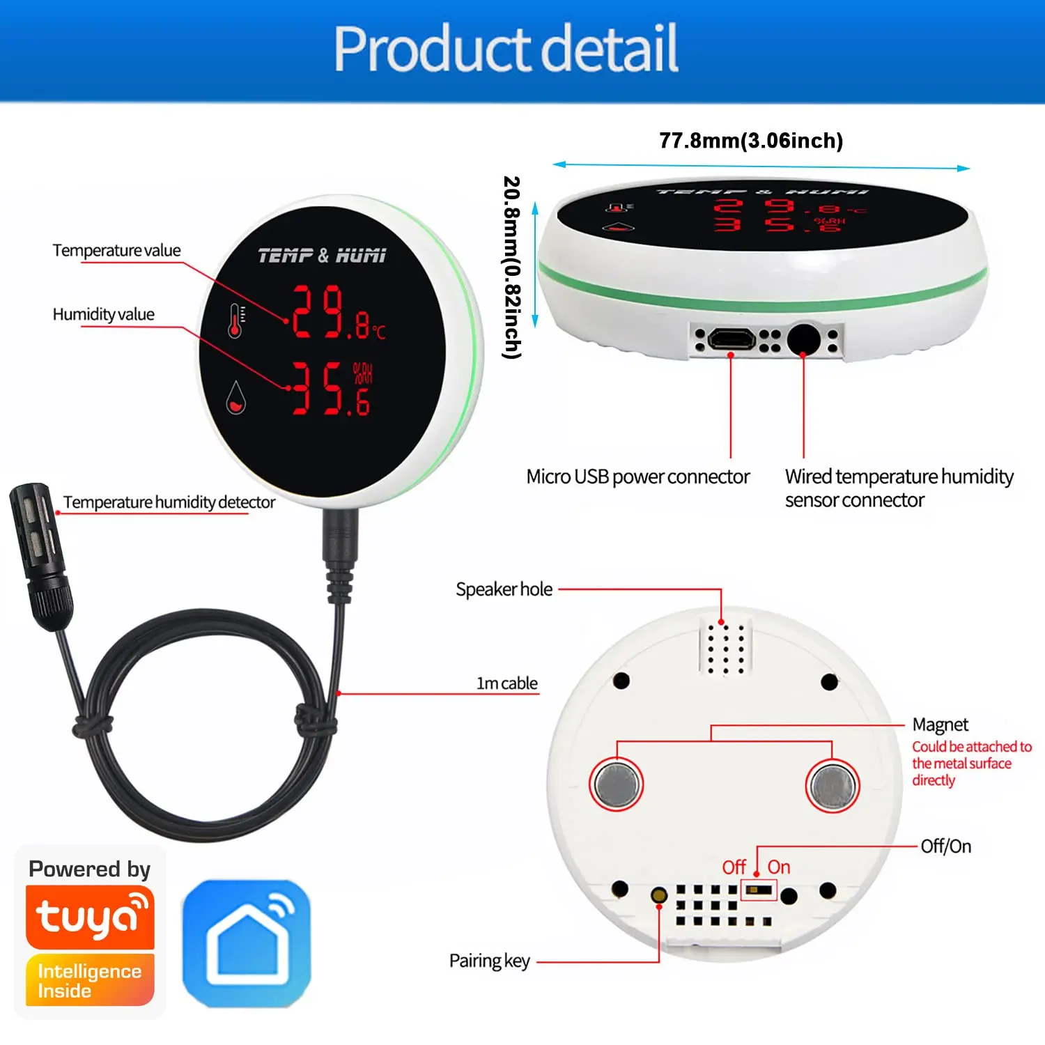 Tuya-sensor de temperatura y humedad WiFi, sonda externa de 3M con pantalla LCD, alarma remota, termómetro interior, higrómetro, aplicación Smart Life
