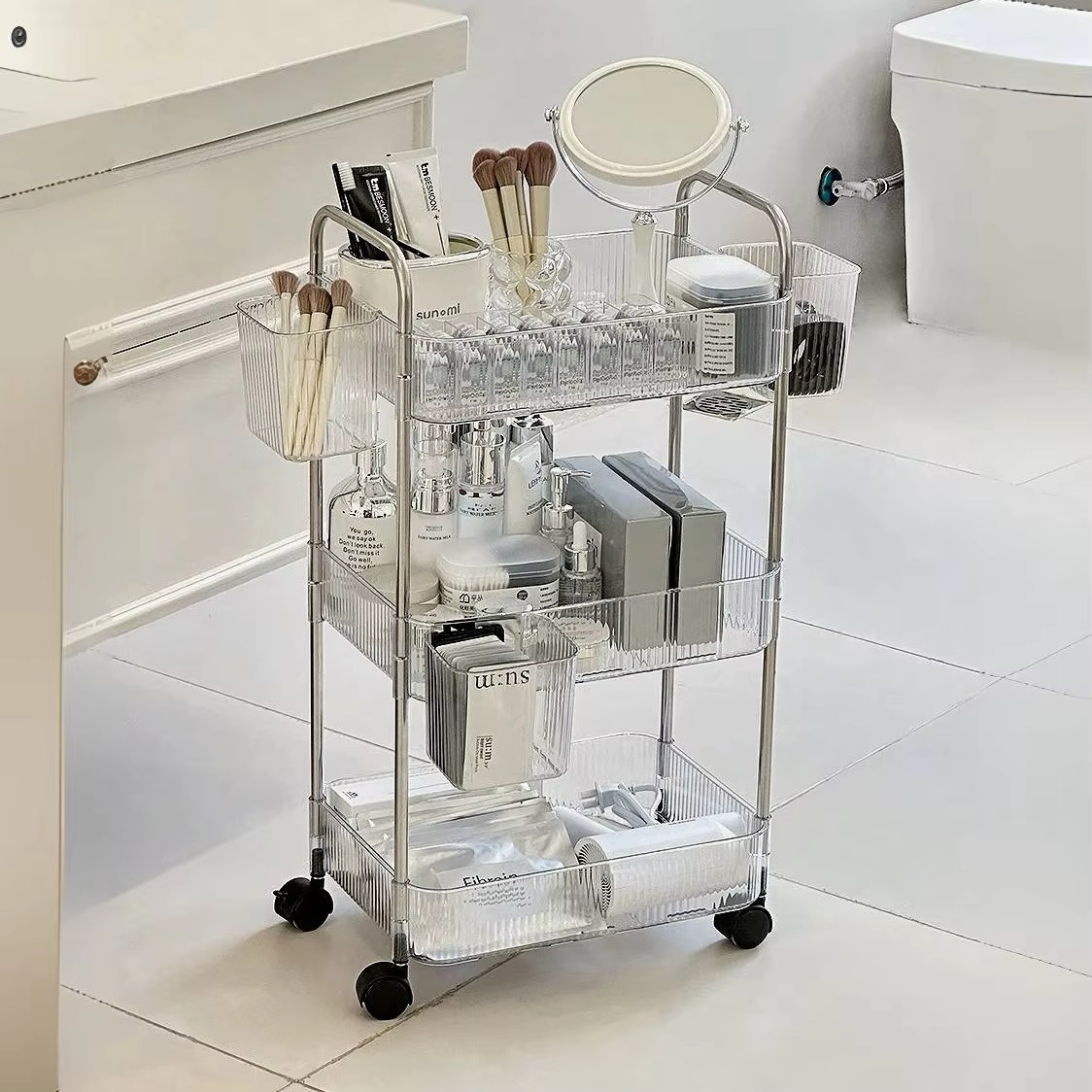 Multi-Layers Transparent Storage Rack with Wheels, Home Trolley Cart Suitable for Snacks Cosmetic Sundries and Kitchen Organizer