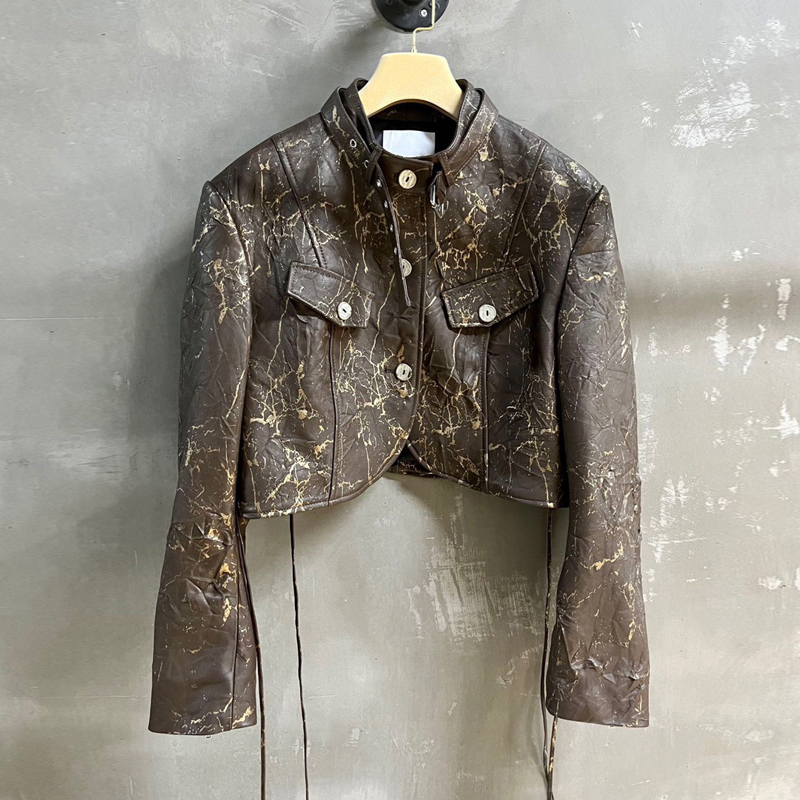 Modedesign Frauen importiert Lammfell kurze Jacken Retro Distress Tie-Dye Stand Kragen Moto & Biker echte Lederjacken Femme