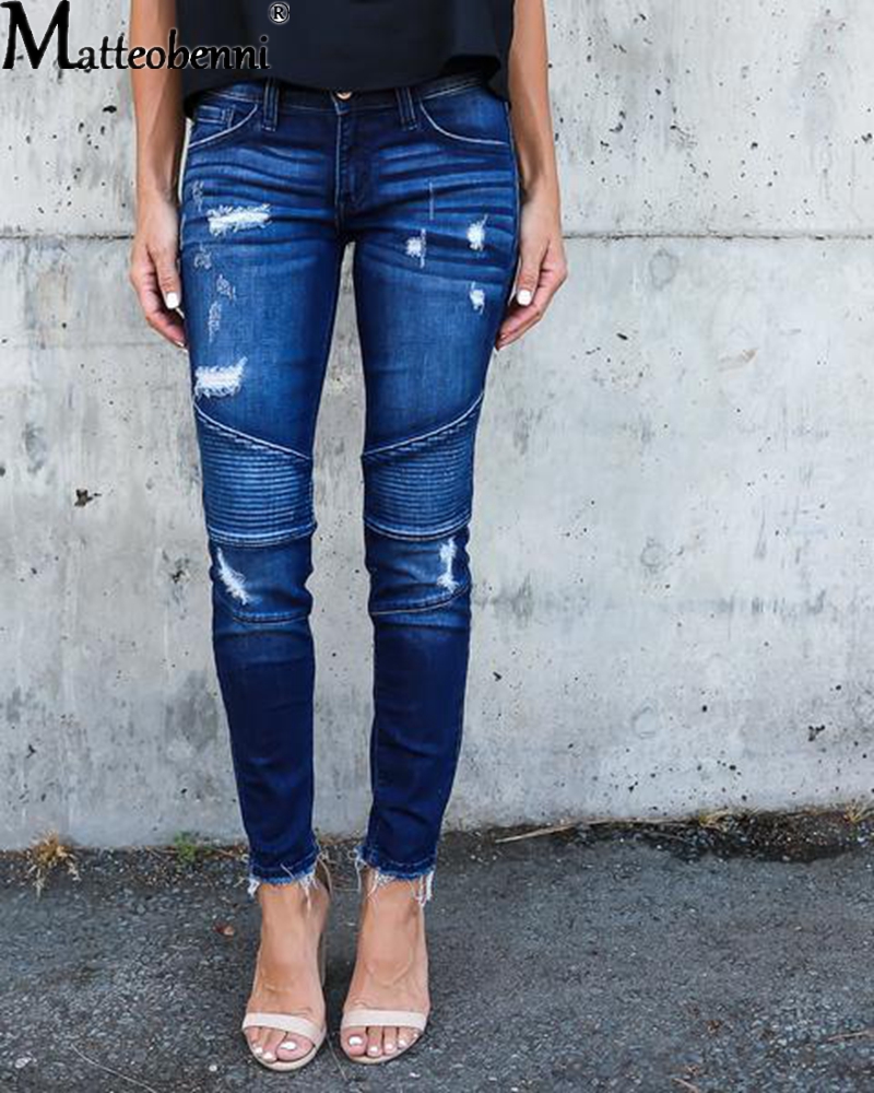 Moda Średnio wysoka talia Skinny Jeans Kobiety Vintage Distressed Denim Pants Jesień Crimped Destroyed Pencil Casual Ripped