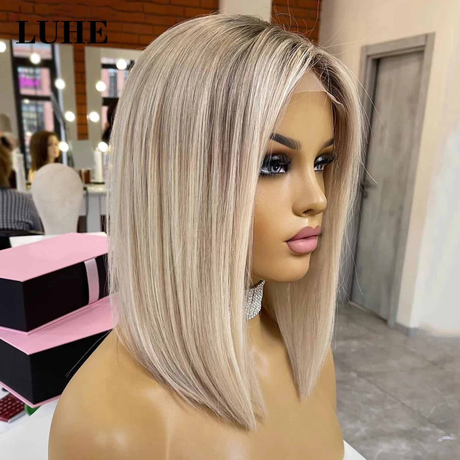 Resaltar Rubio ceniza de color 13x3 pelucas delanteras de encaje para mujeres 16 pulgadas raíces oscuras pelo sintético recto corto Bob peluca Frontal de encaje