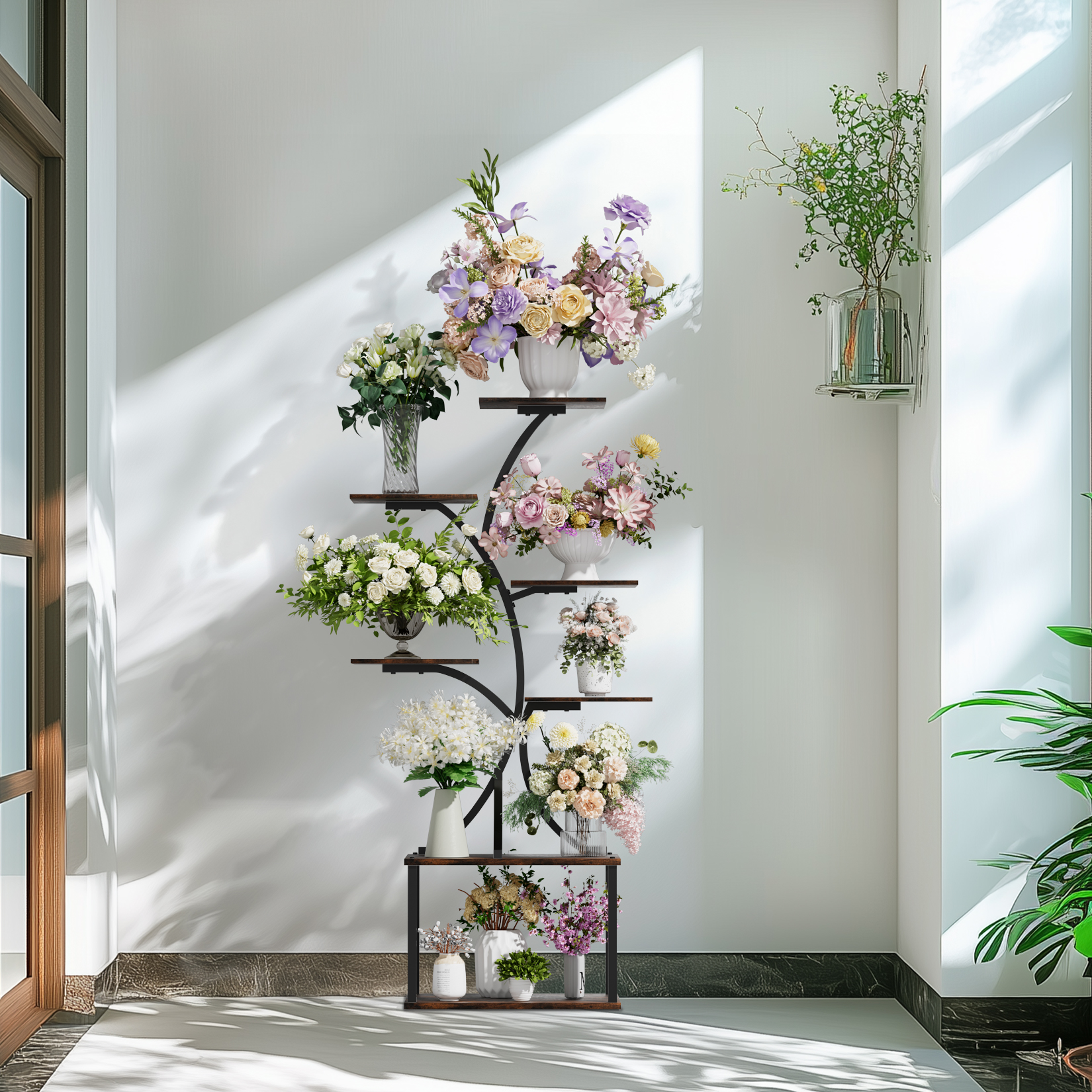 Suporte de planta industrial em forma de árvore, rack de exibição, suporte de flores de canto, prateleiras múltiplas, organizador