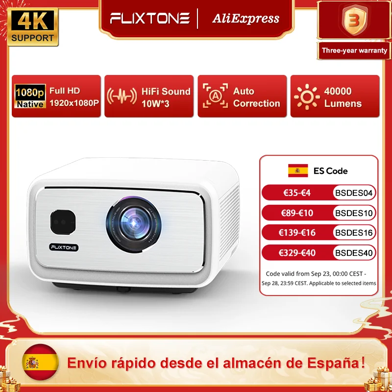 Proyector FlixTone D9W Ultra 3000 ANSI Full HD 1080P para películas Android WiFi 6 proyector de haz de cine en casa para vídeo al aire libre proyectores en España