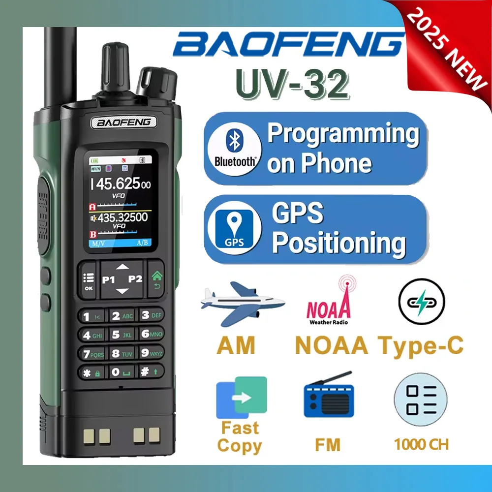 2025 NOWOŚĆ Baofeng UV-32 10W GPS Wielopasmowe programowanie Bluetooth Bezprzewodowe kopiowanie częstotliwości NOAA Dalekiego zasięgu Ham FM Dwukierunkowe radio