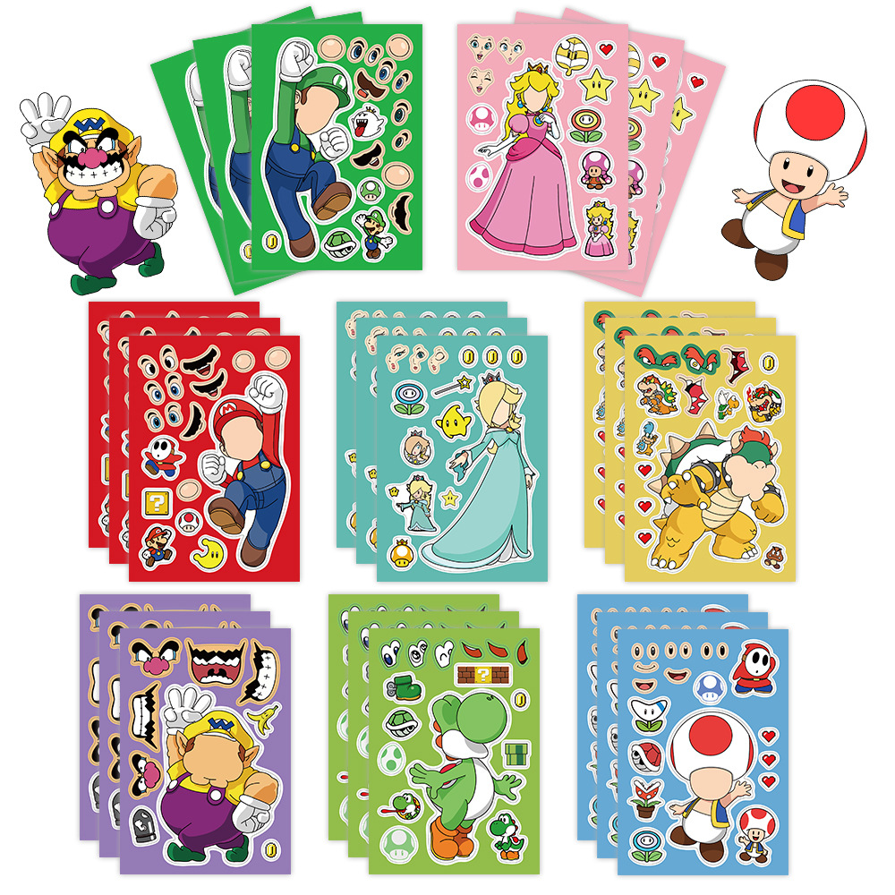 8 Blatt Anime Super Mario Bros. Puzzle-Aufkleber, Spiel, Kawaii, Make A Face, Aufkleber, niedlicher Cartoon, DIY, lustige Aufkleber, Spielzeug, Kinder, Geschenk