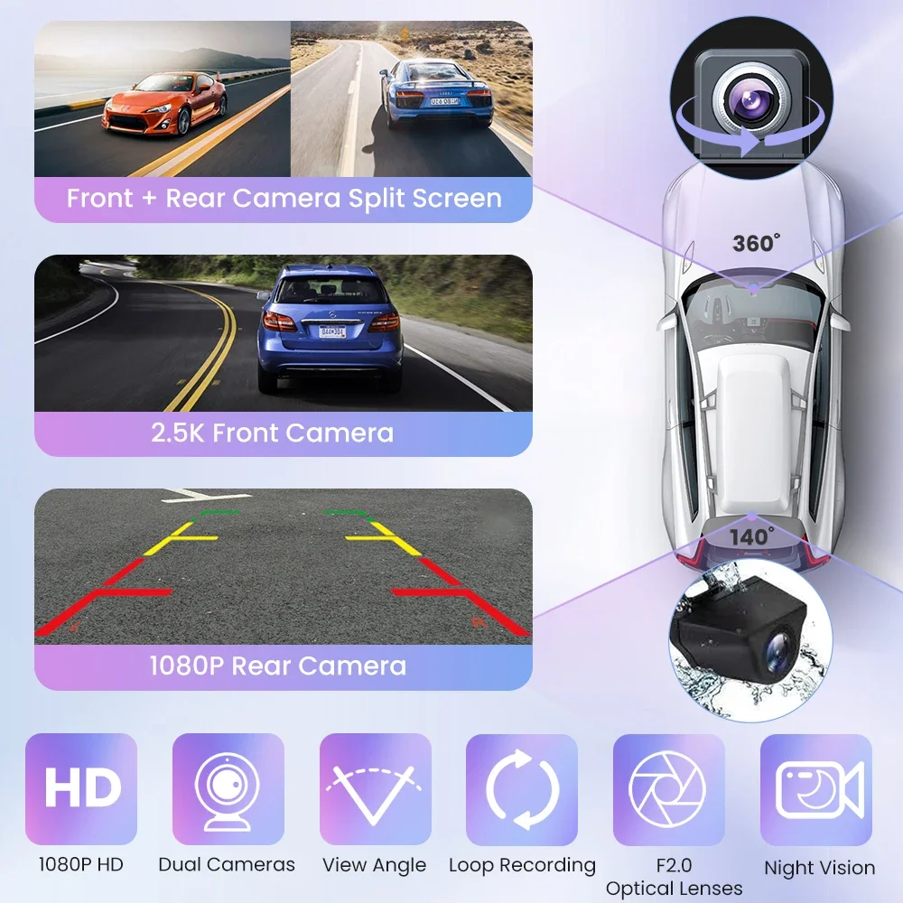 Aprilboy C4 4K 360 °   Cámara de salpicadero de rotación con pantalla inteligente de 10,26 "para coche, CarPlay inalámbrico y Android Auto AUX FM Bluetooth WIFI