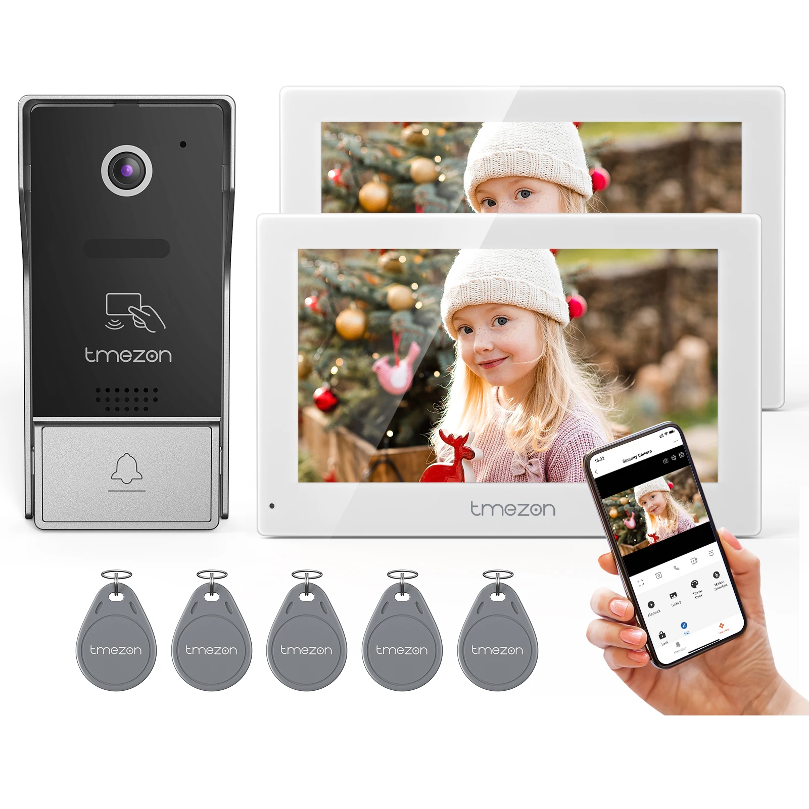 4-przewodowy wideodomofon TMEZON 7 cali Tuya 1080P Wifi z inteligentnym systemem interkomu i przewodowym dzwonkiem do drzwi do domu, czytaczem kart/ekranem dotykowym