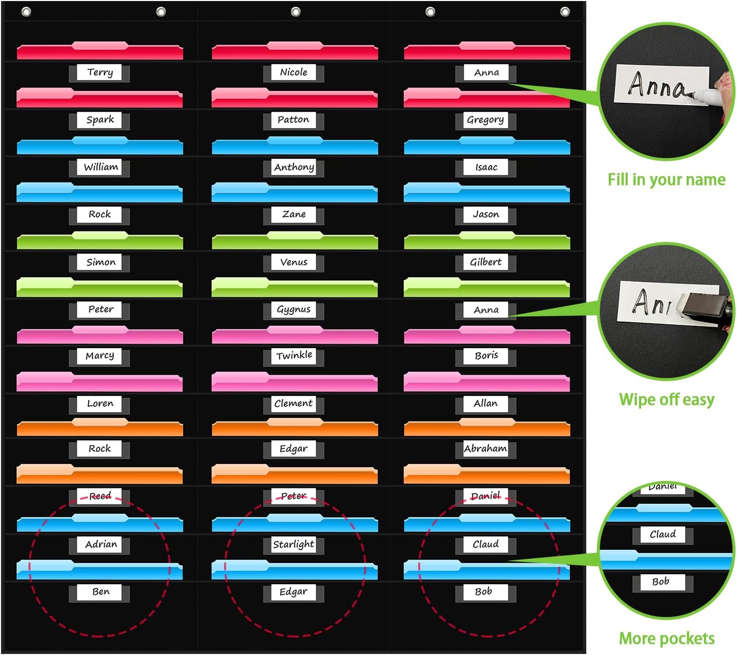 36 Pockets File Storage Pocket Chart with Nametag Pockets, Hanging Wall File Organizer for Classroom and Office