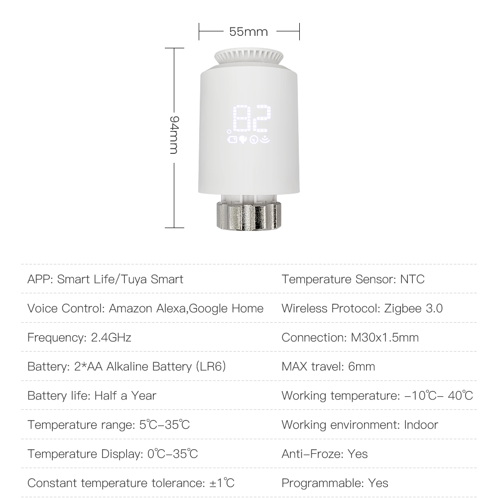 AVATTO 1-5PCS Tuya ZigBee Thermostat Radiator Actuator,Smart TRV Thermostatic Valve Controller Support Alexa Google Home Alice