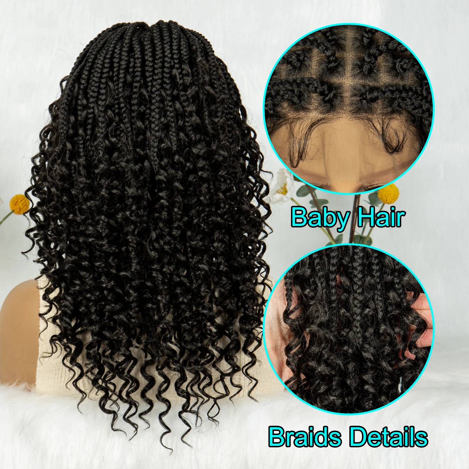 Kima curto boêmio caixa tranças peruca trançada renda completa boho trançado perucas de cabelo encaracolado sintético com cabelo do bebê para preto