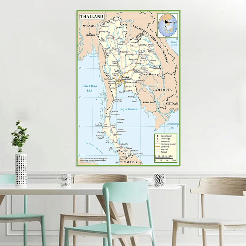 150*225cm, mapa de la administración de Tailandia, lienzo de pintura, póster decorativo de pared, impresión sin marco, decoración del hogar para sala de estar