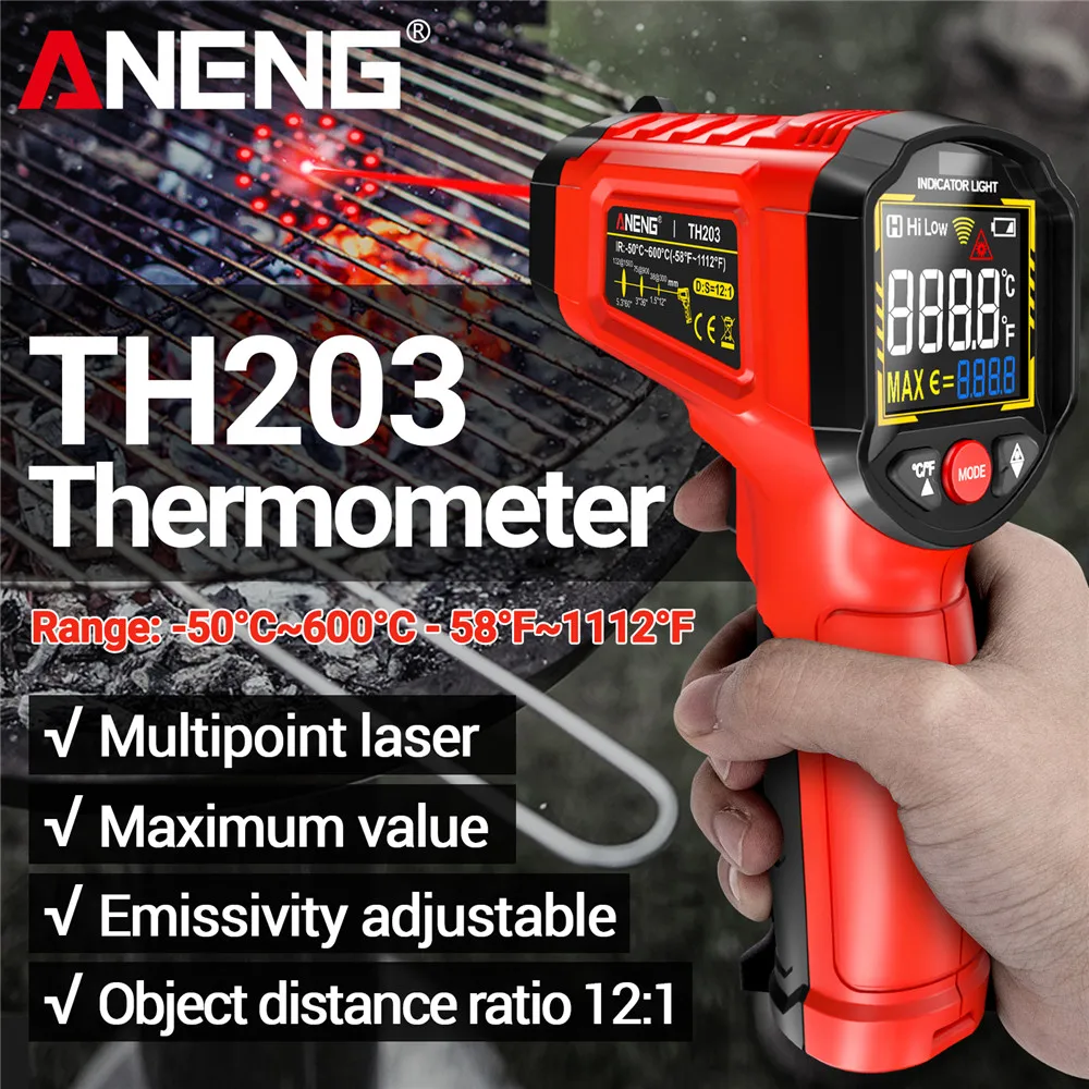 Termómetro infrarrojo industrial inteligente ANENG TH203 -50 ~ 600 ℃   Pistola de temperatura VA, probador de pantalla a Color inverso, herramientas de pirómetro