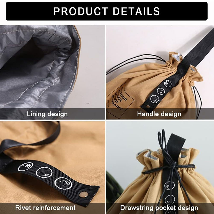 Drawstring 클로저 접이식 도시락 가방 쿨러 토트 백 작업 학교 피크닉 캠핑을위한 휴대용 절연 캔버스 점심 가방