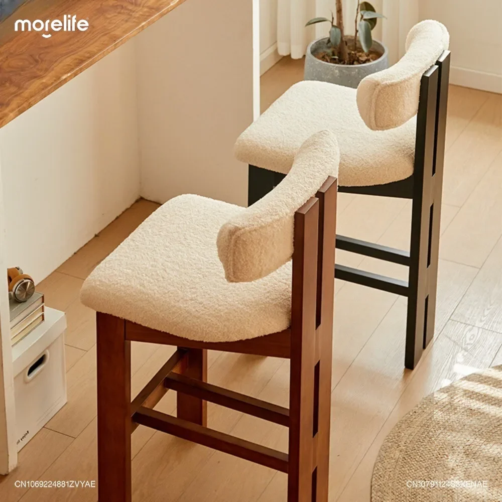 Nordic Retro Medieval Bar Chairs Home Usage Style Lamb Plush Soft Bag Backrest High Legged Stools Leisure Solid Wood Bar Chair